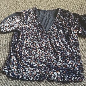 Madewell Floral Velvet Blouse - Black, White, Orange W Flutter Sleeves